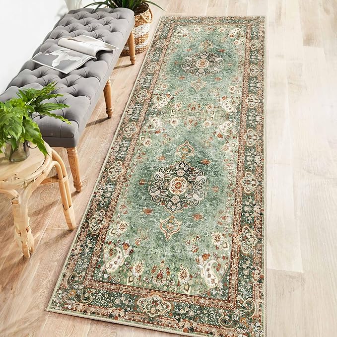Washable Runner Rug 2x6,Green Rug Runners Non Slip,Long Boho Rugs for Hallways Kitchen Bedroom Entryway Living Room Bathroom,Vintage Bohemian Distressed Oriental Floor Carpet