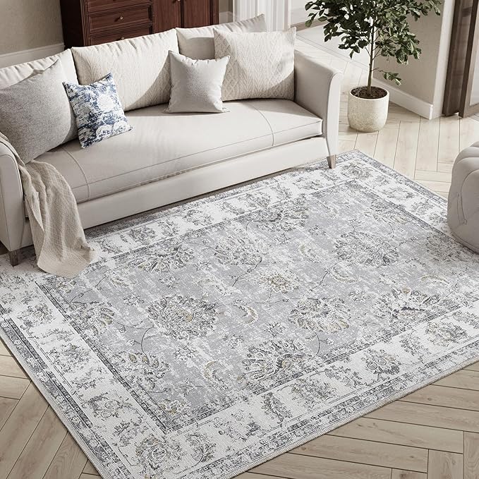 jinchan Fiora 4x6 Area Rugs for Bedroom - Machine Washable Distressed Vintage Floral Design Stain Resistant Boho Carpet Ultra-Thin Low Pile Non-Slip Rug for Living Room Dining Room (4'x6', Grey)