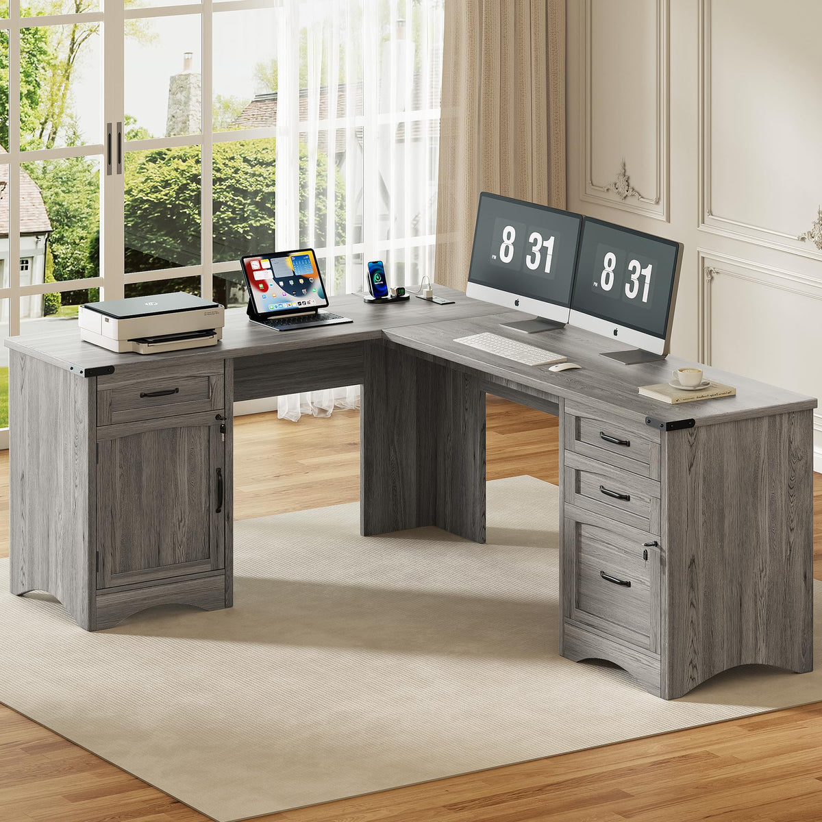 Decofy 67" L-Shaped Executive Desk, Office Desk & Charging Station, Grey