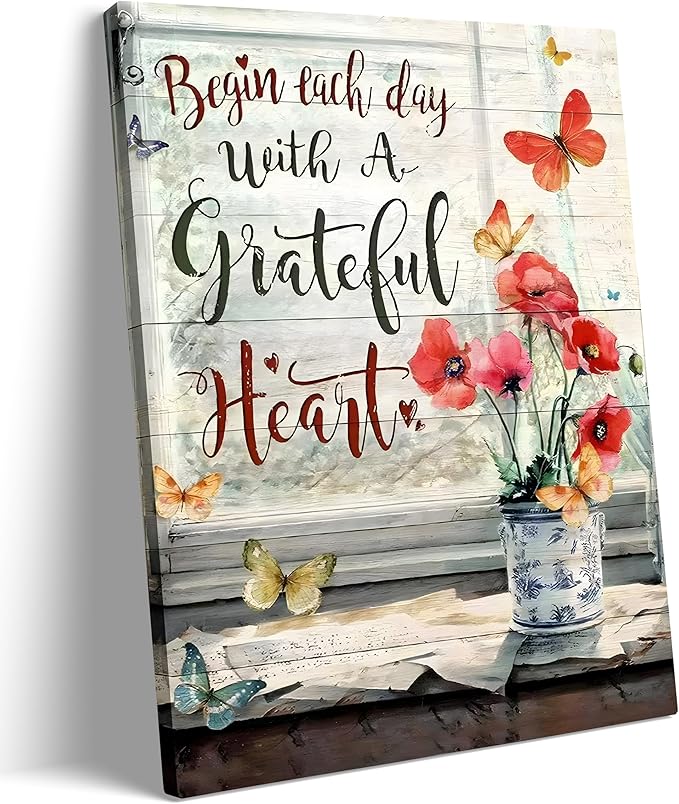 Red Flower Canvas Wall Art Retro Farmhouse Butterfly Poppy Painting Picture Wall Decor Modern Blossom Begin Each Day With a Grateful Heart Poster Print Artwork for Bathroom Bedroom Home Decoration