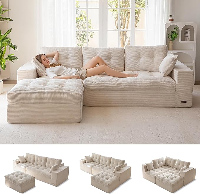 MAXYOYO 104" L Shaped Modular Sectional Sofa with Ottoman, Cloud Boneless Couch with Layered Cushion, Upholstered Sofa in a Box, Flexible Module Combination for Living Room, No Assembly, Beige