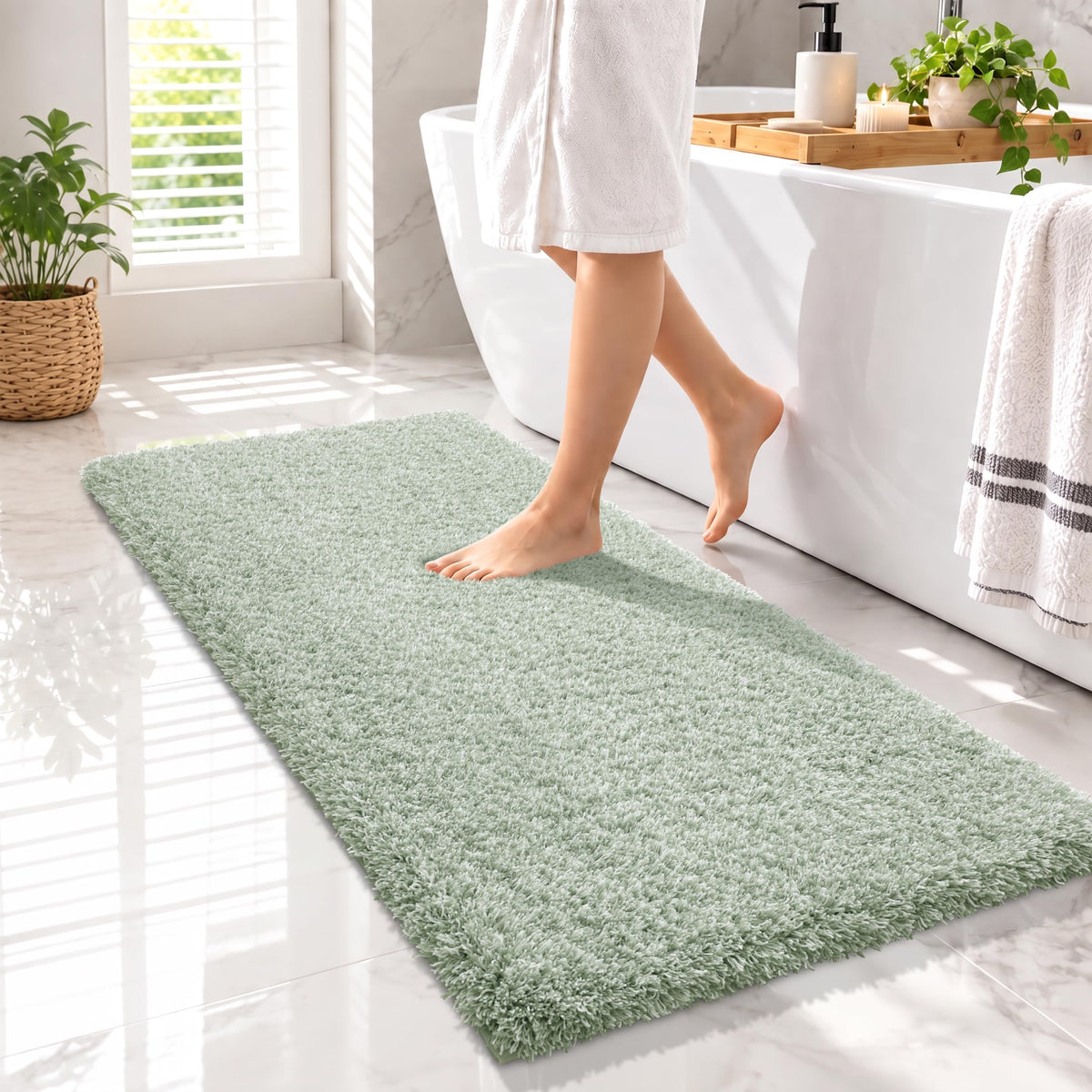 Yimobra Bathroom Runner Rug Non Slip Washable 56x24, Bath Mat, Green&White
