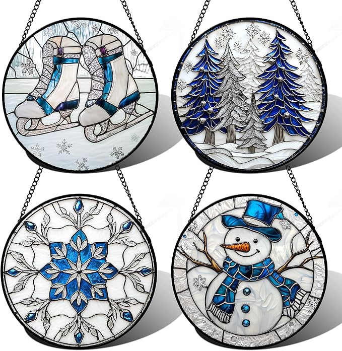 Stained Glass Window Hanging 4 Pcs Set White Winter Christmas Snow Scene 9.8" - Suncatcher Door Garden Sun Catcher Decor Birthday for Mom Woman Nana Men Friend Wife