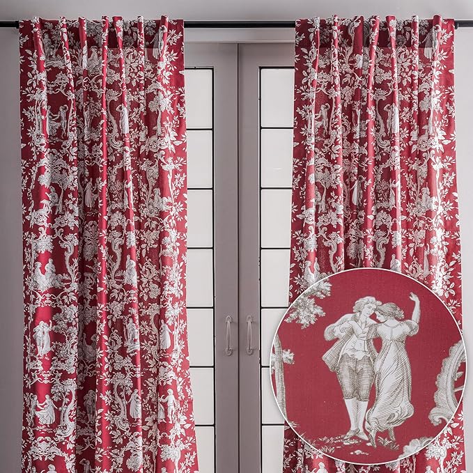Maison d' Hermine Curtains for Living Room 100% Cotton 96 inch Length Two Panels Light Filtering Toile Curtains for Bedroom Windows with Rod and Loop Pockets Drapes (Joli Jouy Red, 50" W x 96" L)