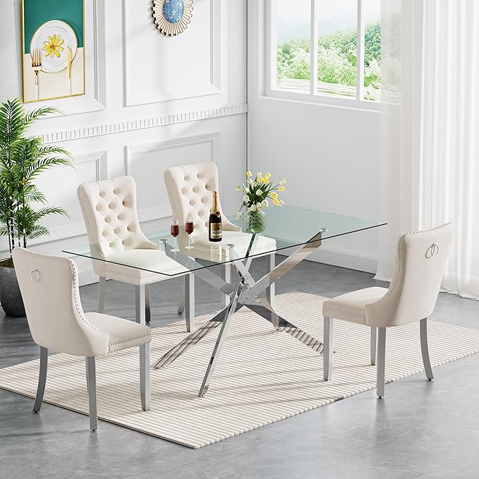 HomVent 5 Piece Rectangular Glass Dining Table Set, Tempered Glass Dinner Table Set for 4 Kitchen Table Set with 4 Velvet Upholstered Chairs for Kitchen Dining Room