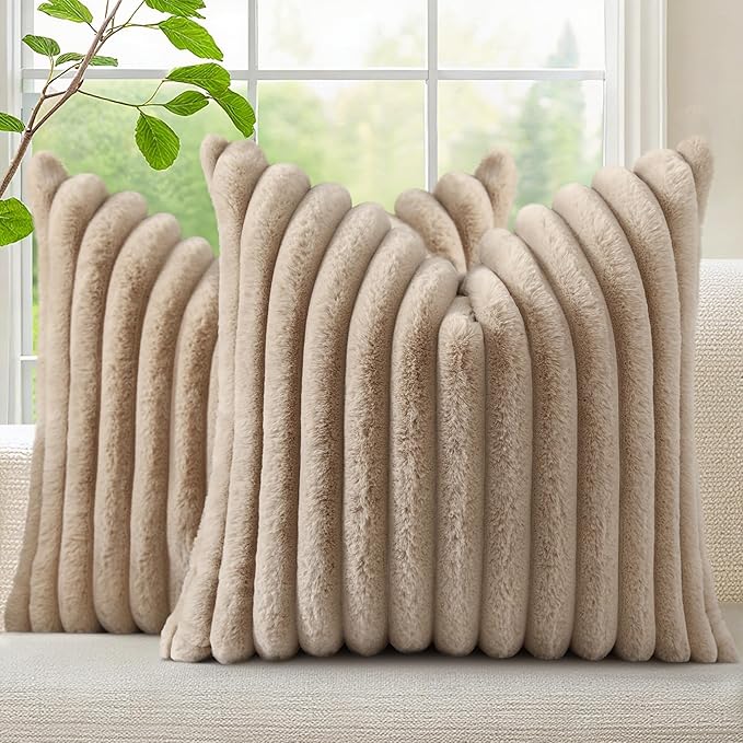 decorUhome Faux Fur Spring Throw Pillow Covers 22x22 Set of 2, Decorative Soft Plush Striped Neutral Couch Euro Pillow Covers with Velvet Back for Sofa, Bed, Living Room Home Decor, Khaki Brown