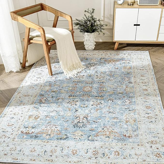 jinchan Area Rug 3x5 Entryway Rug - Washable Vintage Boho Floral Floor Cover Lightweight Low Pile Indoor Doormat Thin Non-Slip Carpet for Kitchen Living Room Bedroom Dining Room Office Light Blue