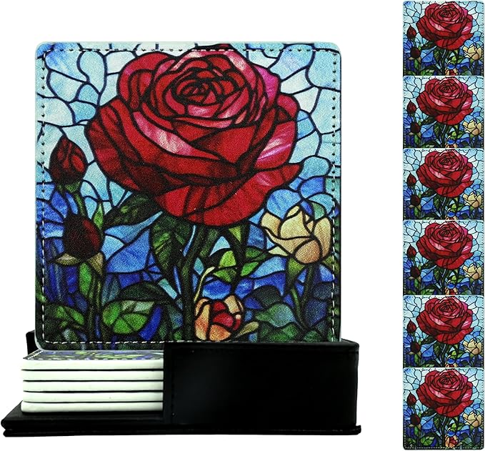 Marble Coasters Square Leather Drinks Coaster Set with Holder for Coffee Table Bar Home Decor 4 Inches Set of 6 (Rose, One Size)