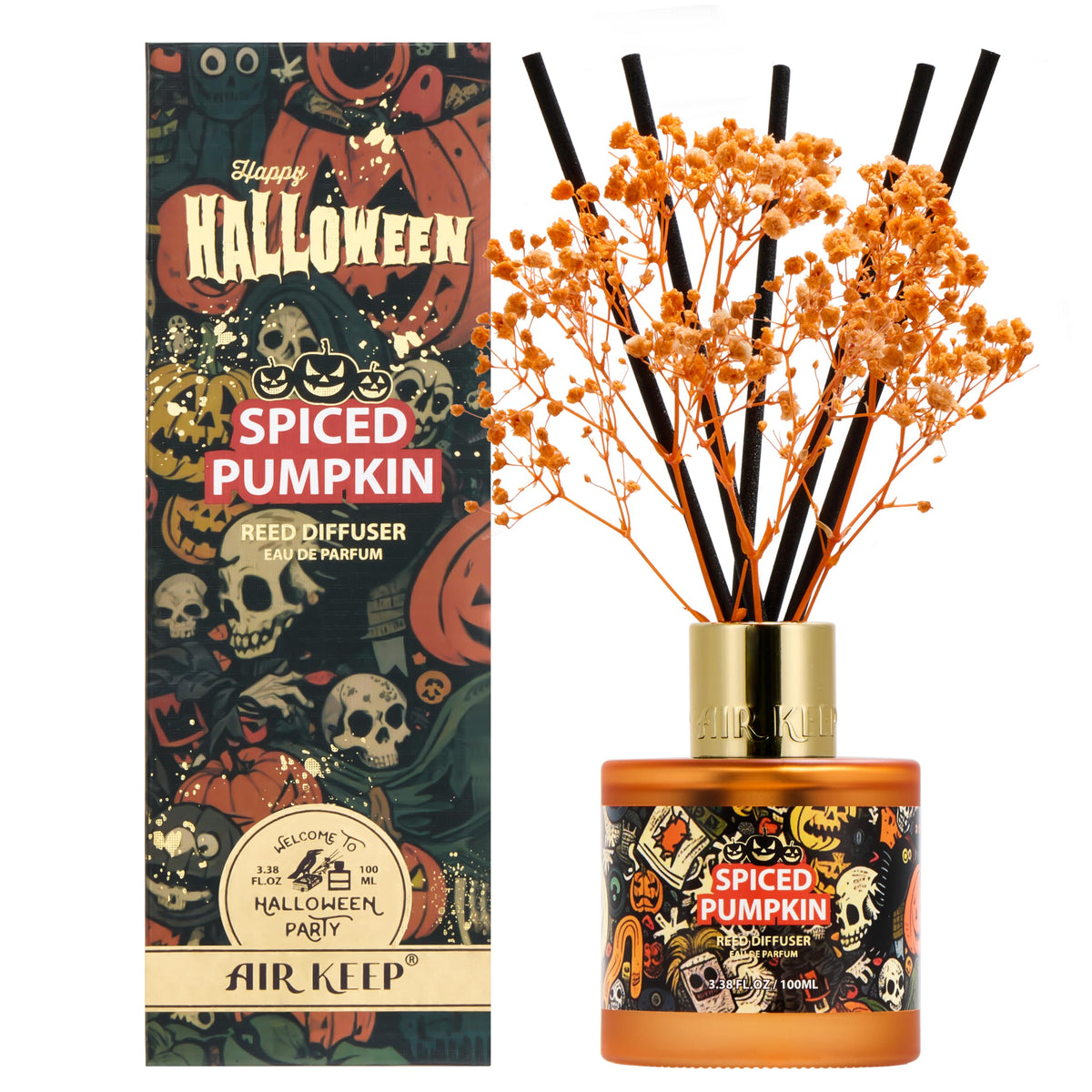 Airkeep Halloween Reed Diffuser Set,3.38 fl oz (100 ml) - Spiced Pumpkin Oil Diffusers with 8 Reed Sticks, Home Fragrance Reed Diffuser for Bathroom Shelf Decor