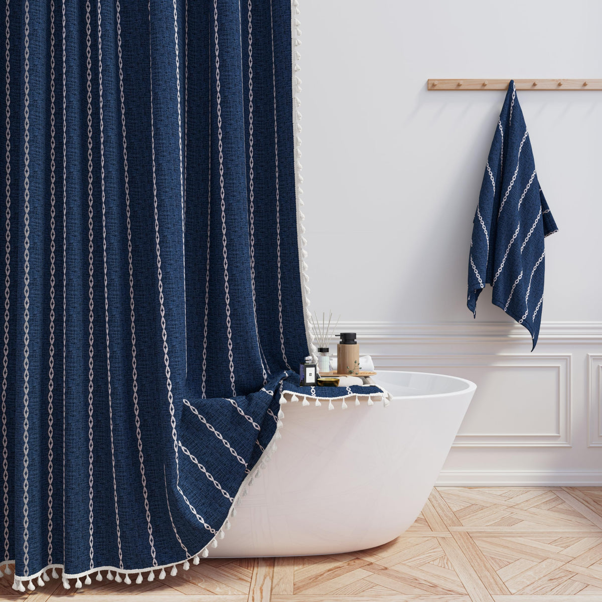 BTTN Navy Blue Boho Farmhouse Linen Heavy Duty Shower Curtain Set, 72x72