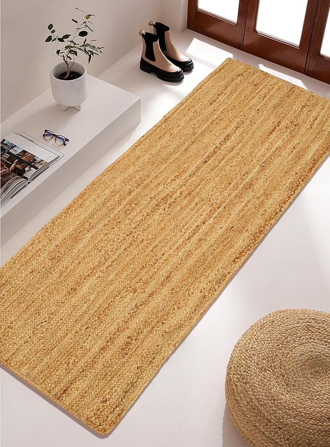 Hand Woven Jute Area Rug - 2' x 6' Feet - Rustic Beige Reversible Rectangular Rugs for Bedroom, Kitchen, Living Room - Vintage Natural Braided Entry Floor Décor Boho Jute Rug 24 X72 Inches