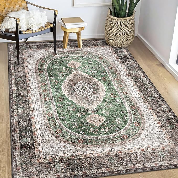 Green Rug 3x5,Washable Area Rugs for Bedroom Living Room Kitchen Entryway,Small Boho Vintage Bohemian Distressed Oriental Non Slip Carpet