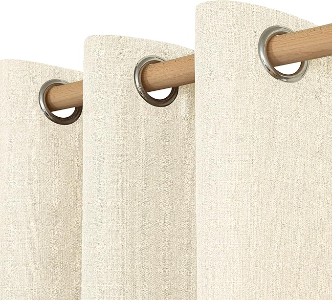LAMIT Light Beige Linen Curtains 63 inch Length for Bedroom, Grommet Thermal Insulated Thick Curtains Burlap Light Filtering Panels for Living Room/Outdoor/French Door, Set of 2 Panels, W52 x L63