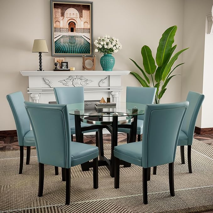 PADMA HOUSE Round Glass Dining Table Set for 6, 45in Modern Kitchen Small Wood Dinner Table with 6 Parsons Leather Dining Chairs 7 Piece Dining Room Table Chair Set, Clear&Light Blue