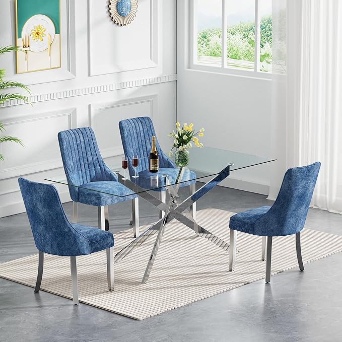Rectangle Glass Dining Table Set for 4, 60'' Kitchen Table and Chairs Set, 5PCS Modern Dining Room Table Set with 4 Dining Chair for Home