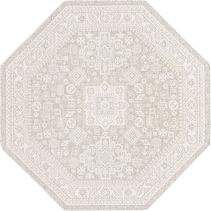 Rugs.com Outdoor Aztec Collection Rug – 8 Ft Octagon Light Gray Flatweave Rug Perfect for Living Rooms, Kitchens, Entryways