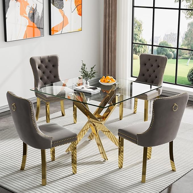 Glass Dining Table Set for 4, Square 36" Dining Table with Gold Cross Metal Leg, 4 Gray Velvet Dining Chairs with Stainless Steel Legs, Modern Glass Kitchen Table and Chairs Set for Small Space