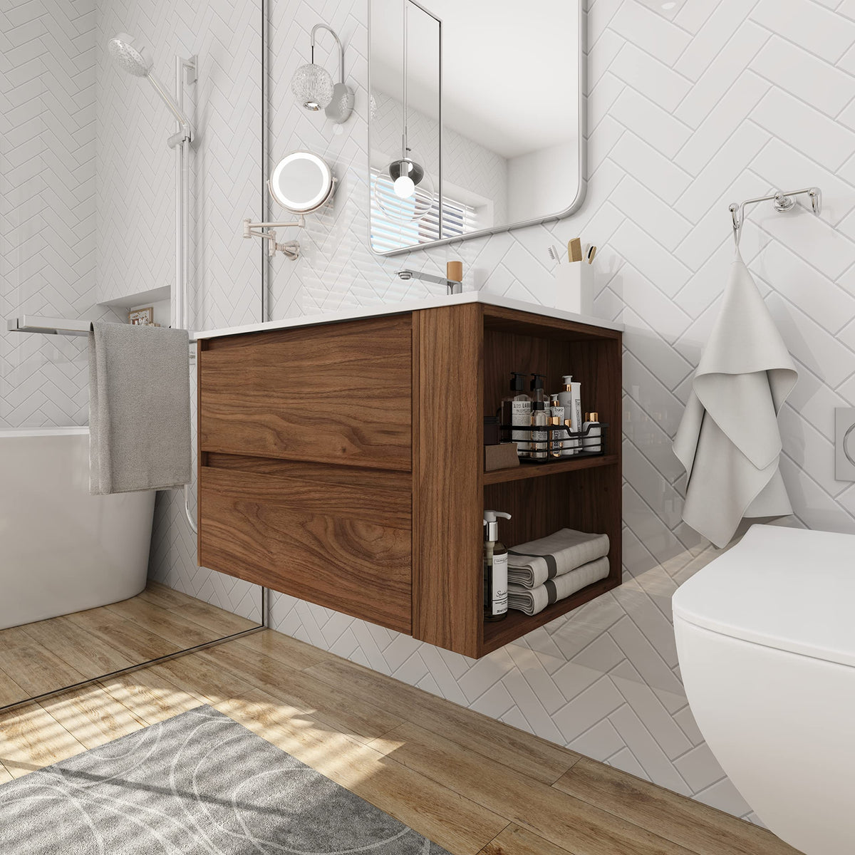 Pvillez 30" Floating Bathroom Vanity Set with Sink Combo, Modern Wall Mounted Bathroom Vanity with Gel Basin&2 Drawers, Bathroom Vanity Storage Cabinet Set with Adjust Open Shelf