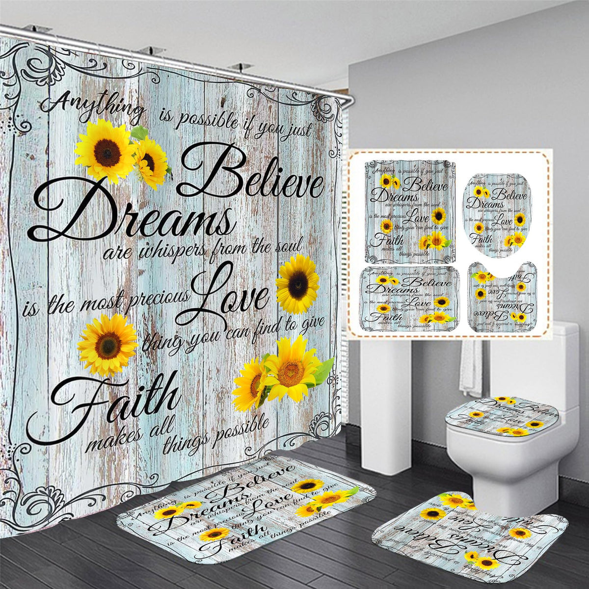 AZHM 4PCS Farmhouse Sunflower Shower Curtain Sets with Rugs and Accessories