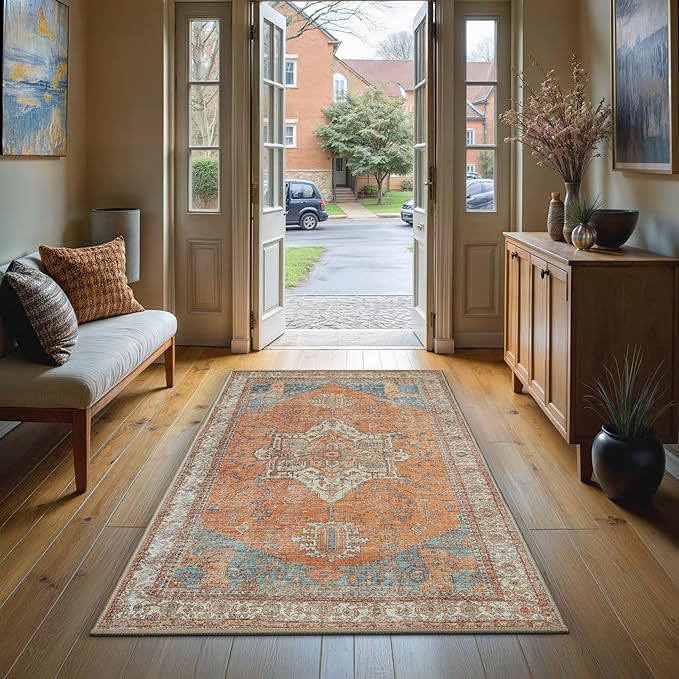 GLN Rugs Traditional Collection - Machine Washable Area Rug, Traditional Washable, Non Slip, Low Pile Chenille Rug, Living Room, Bedroom, Kitchen Rug (2'6"x7' Burnt Orange)