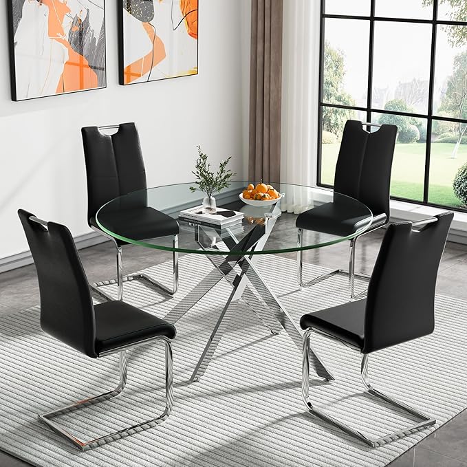 HomVent 5 Piece Round Glass Dining Table Set, Round Glass Kitchen Table Set for 4 with 4 PU Upholstered Dining Chairs for Kitchen Dining Room