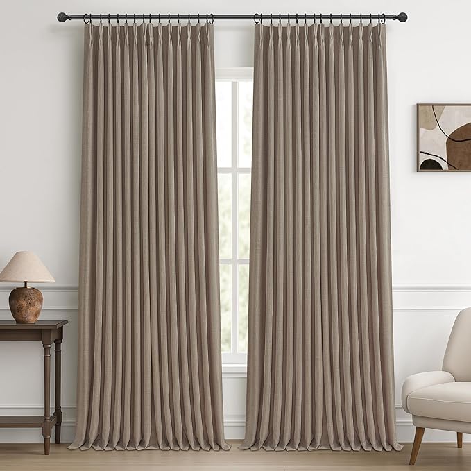 Extra Long 120 Inch Pinch Pleated Floor to Ceiling Curtains for Bedroom 2 Panels Set, Memory Trained Blackout Dual Layer Linen Soundproof Luxury Dark Brown Windows Curtain for Living Room 10 FT Length