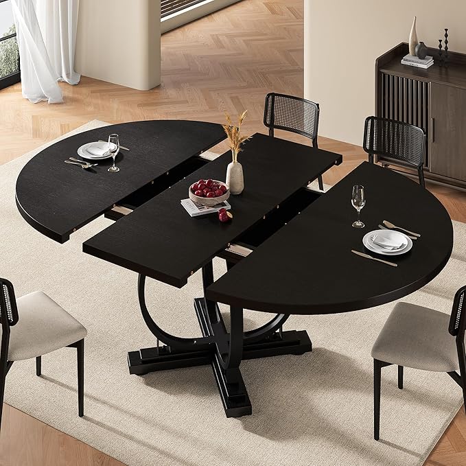 59" Round Extendable Dining Table for 4-6, Modern Oval Kitchen Table with Heavy Duty Curved Legs & Wood X-Based, MDF Board with Spring Buckle, Space Saving, Dining Kitchen Living Room, Black