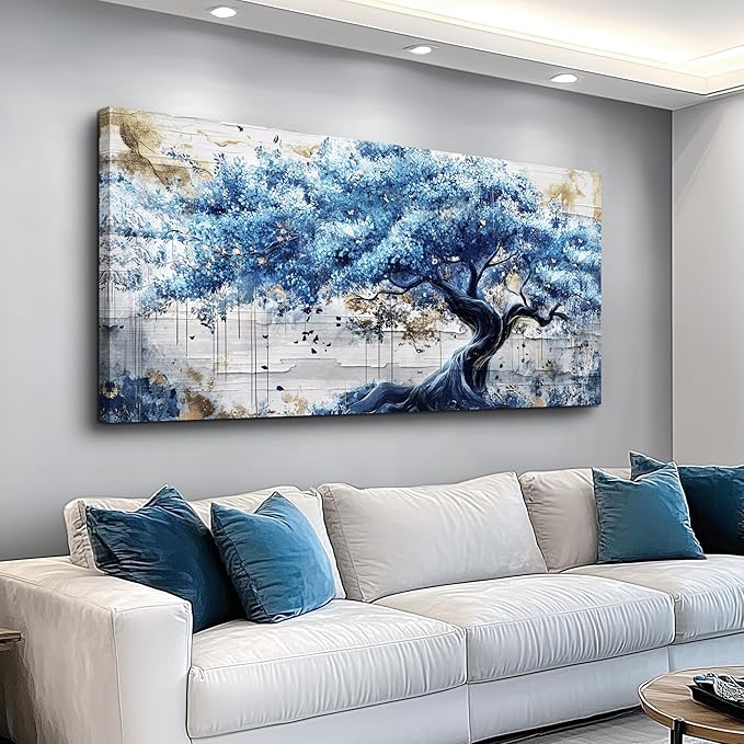 ERQINHUA Canvas Wall Art For Living Room Large Wall Decor For Bedroom Office Decor Blue Tree Wall Paintings Farmhouse Abstract Watercolour Pictures Artwork Home Decor Ready To Hang Posters 24"X48"