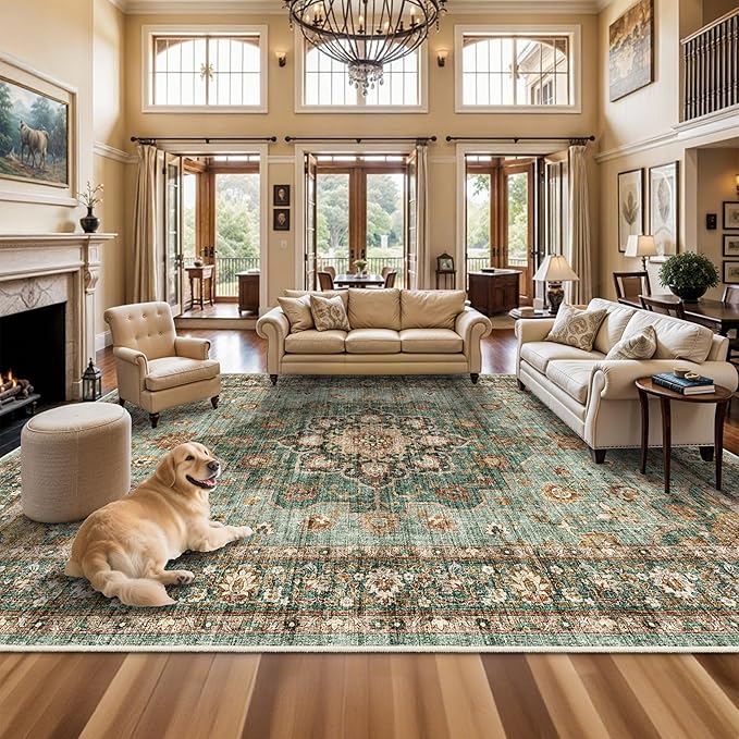 Washable Oriental Area Rug - 12x18 Rugs for Living Room Soft Carpet for Bedroom Waterproof Floral Distressed Indoor Stain Resistant Non-Shedding Floor Carpets (Green, 12x18)