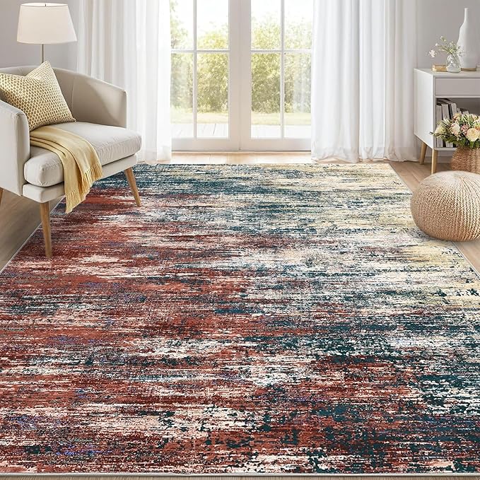 Modern Abstract Living Room Rug 8x10, Washable Area Rugs for Bedroom, Stain Resistant Non Slip Large Rug, Soft Indoor Carpet for Dining Room Table Home Decor, Red/Multi