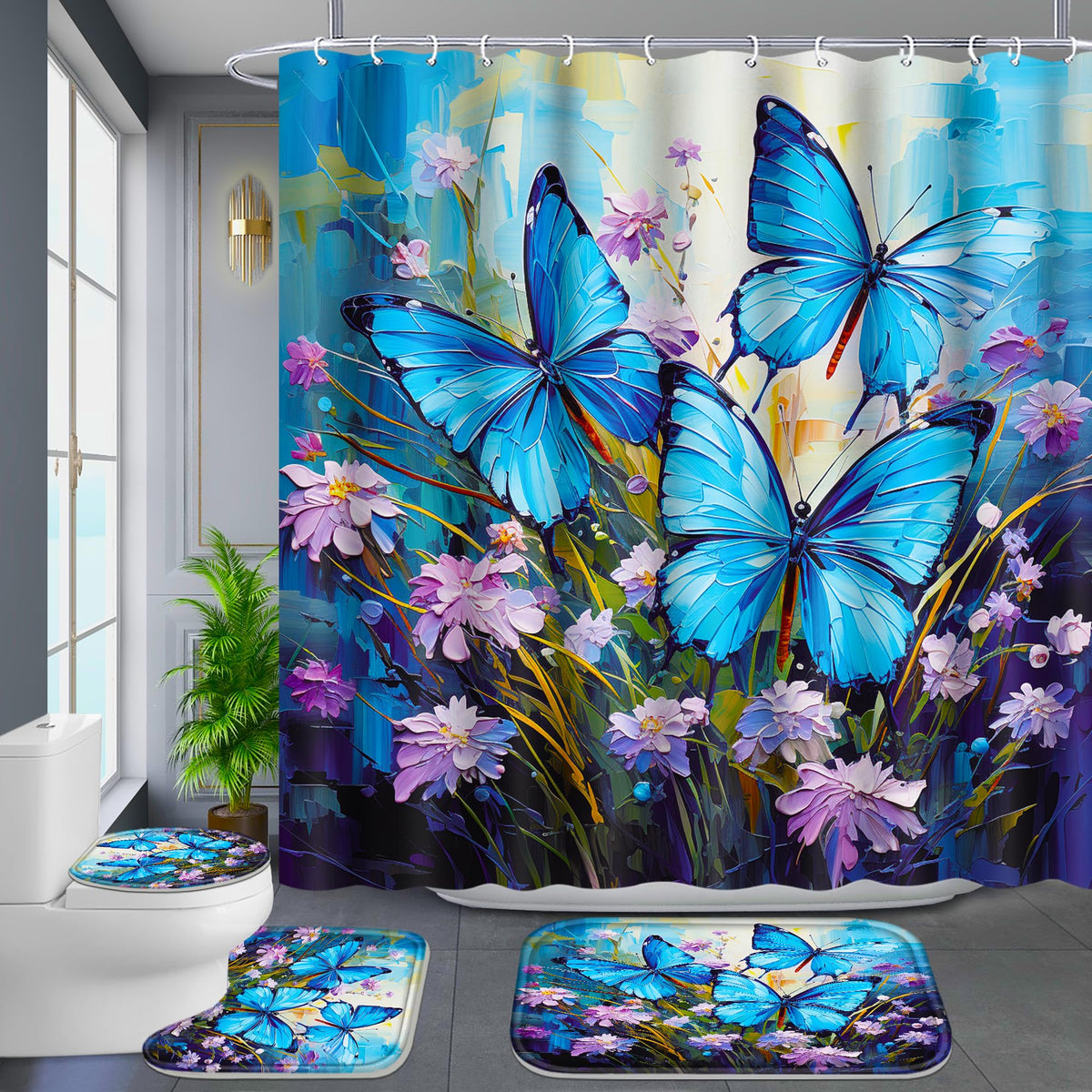 Poedist 4-Piece Blue Butterfly Bathroom Set with Non-Slip Rug, Toilet Seat and Floor Mat (with 12 Hooks), Floral Shower Curtain Set, Bathroom Set with Rug and Accessories