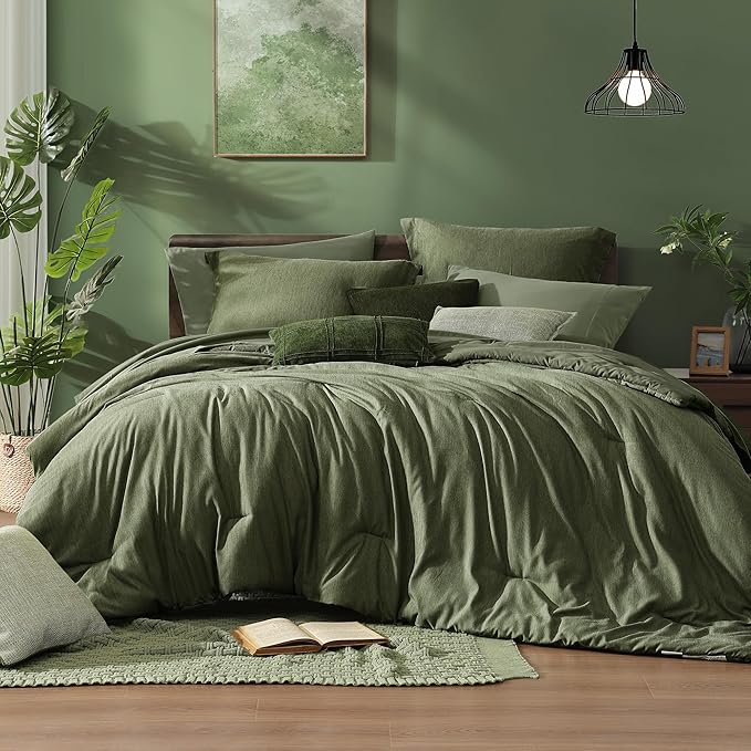 Monbix Oversized Queen Comforter Set - 7 Pieces Cationic Dyeing Olive Green Bed in a Bag Bedding Sets with Comforter, Sheets, Pillowcases & Shams, Reversible Bedding Comforters Sets