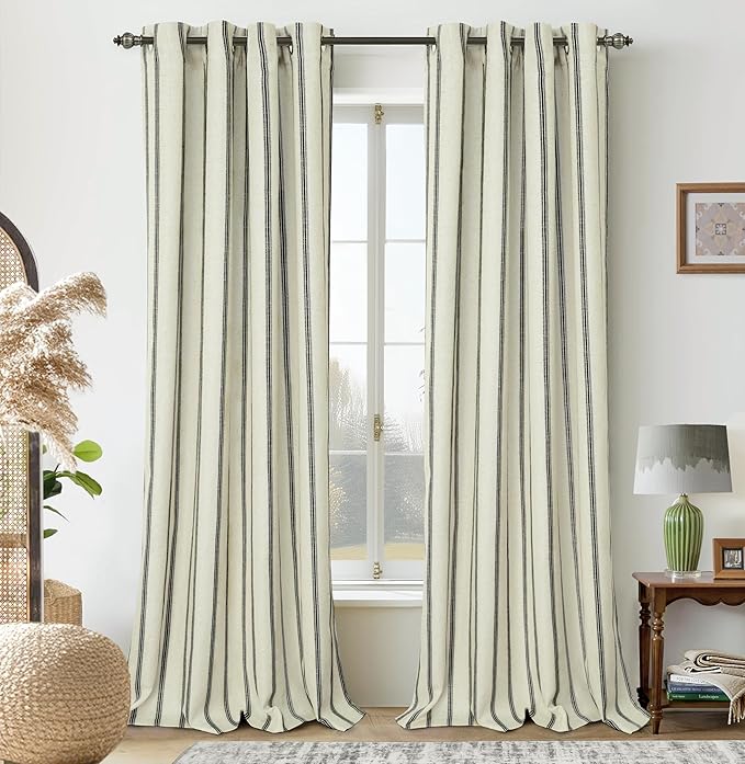 DriftAway Farmhouse Linen Blend Blackout Curtains 96 Inches Long for Bedroom Vertical Striped Printed Linen Curtains Thermal Insulated Lined Treatments for Living Room 2 Panels W52 x L96 Black