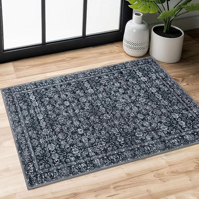 2x3 Washable Area Rug for Entryway, Black Non-Slip Soft Indoor Door Mat Distressed Floral Low-Pile Kitchen Rugs, Neutral Vintage Carpet for Entrance Farmhouse