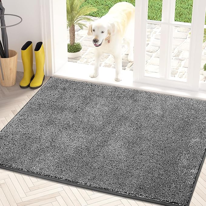 PURRUGS Dirt Trapping Door Mat 34" x 59", Non-Slip Machine Washable Entry Rug, Shoe Scraper, Dog Doormat, Super Absorbent Welcome Mat for Front & Back Door, Muddy Shoes & Paws, Light Grey-Dark Grey