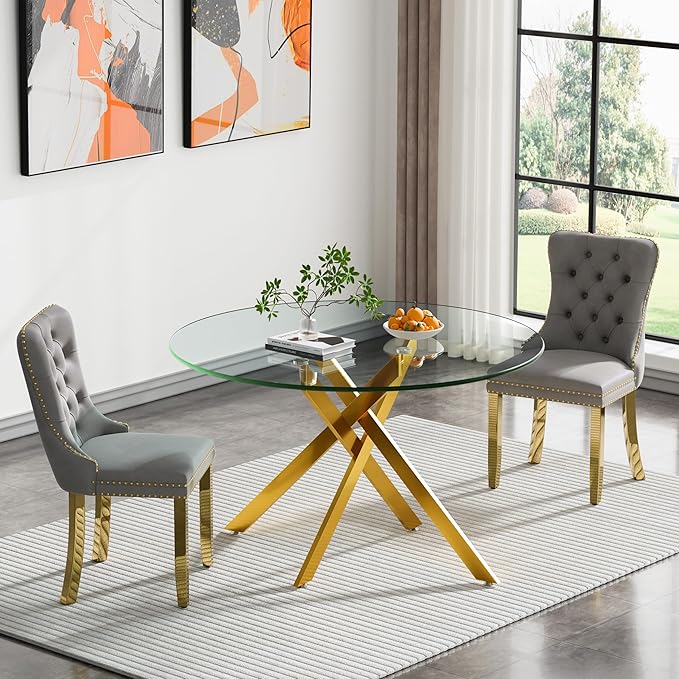 Round Glass Dining Table Set for 2, 47'' Clear Circular Kitchen Table and Chairs Set, 3PCS Modern Circle Dining Room Table Set with 2 Velvet Dining Chair for Home