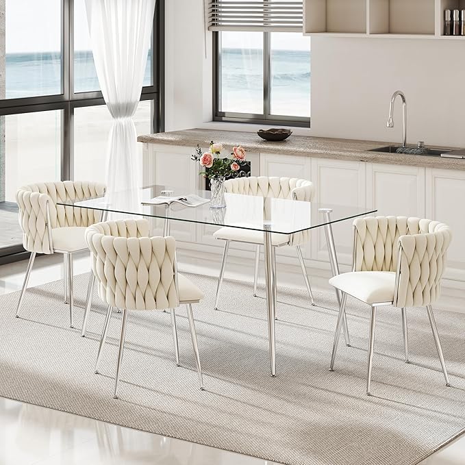 Silver Glass Dining Room Table Set for 4, 63'' Modern Luxury Rectangular Dinner Table Set, 5 PCS Clear Glass Top Minimalist Kitchen Table Set, Ivory Woven Dining Chair for Small Apartment