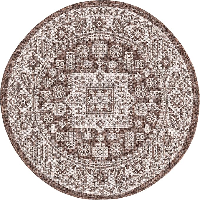 Rugs.com Outdoor Aztec Collection Rug – 3 Ft Round Brown Flatweave Rug Perfect for Kitchens, Dining Rooms