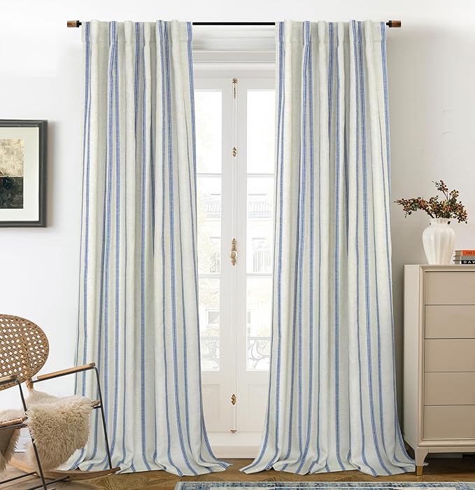 DriftAway Farmhouse Linen Blend Blackout Curtains 102 Inches Long for Bedroom Vertical Striped Printed Linen Curtains Thermal Insulated Lined Treatments for Living Room 2 Panels W52 x L102 Linen Navy