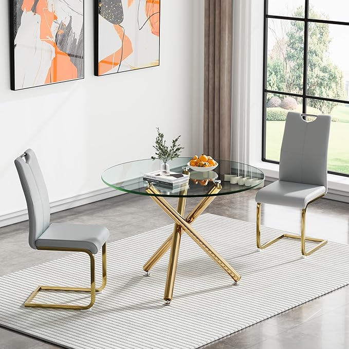 HomVent Round Glass Dining Table Set for 2, 3-Piece Modern Kitchen Table Set with 2 PU Upholstered Chair for Kitchen Dining Room, Glass Dining Room Table Set