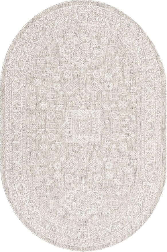 Rugs.com Outdoor Aztec Collection Rug – 5' x 8' Oval Light Gray Flatweave Rug Perfect for Living Rooms, Large Dining Rooms, Open Floorplans