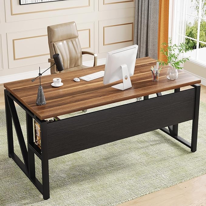 Tribesigns 55 inches Computer Desk with Bottom Storage Shelf Home Office Desk Writing Table for Workstation, Dark Walnut + Steel Leg, Cabinet not Included (Walnut, 55-inch -with Shelf)
