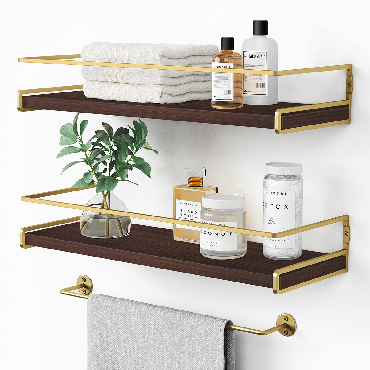 Floating Shelves Bathroom Shelves Over Toilet Set of 2, Bathroom Wall Shelves with Towel Bar, Wall Mounted Vanity Shelf for Bedroom, Kids Room, Kitchen (Brown & Gold)