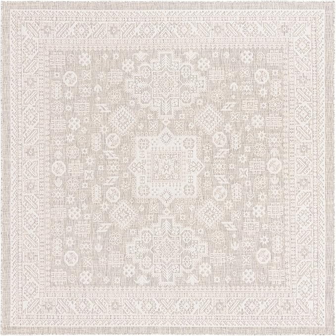 Rugs.com Outdoor Aztec Collection Rug – 8 Ft Square Light Gray Flatweave Rug Perfect for Living Rooms, Kitchens, Entryways