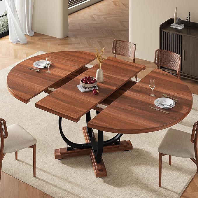59" Round Extendable Dining Table for 4-6, Modern Oval Kitchen Table with Heavy Duty Curved Legs & Wood X-Based, MDF Board with Spring Buckle, Space Saving, Dining Kitchen Living Room, Walnut