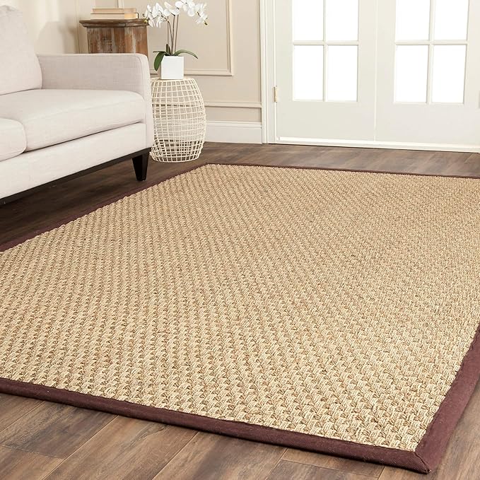 SAFAVIEH Area Rug 10x14 - Natural Fiber Collection - Large - Natural & Dark Brown, Basketweave Pattern with Border (NF114K)