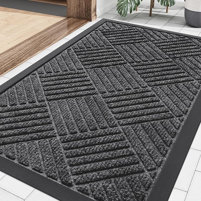 Smiry Front Door Mat Outside Entrance, Heavy Duty Outdoor Indoor Natural Rubber Doormat, Non Slip, Trap Dirt and Moisture, Easy Clean, Low Profile Patio Porch Entryway Mat, 29.5x17, Light Grey