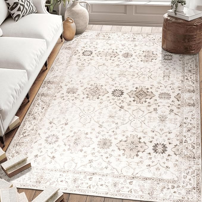 ReaLife Rugs Machine Washable Area Rug Runner - Living Room Bedroom Bathroom Kitchen Entryway Office - Padded Low Pile Stain Resistant Premium - Boho Farmhouse Vintage - BEV - Beige 3' x 5'