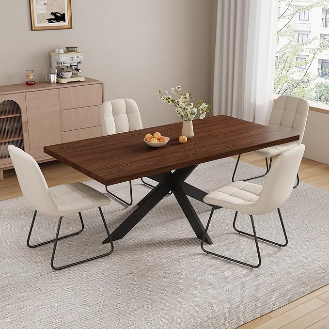 5-Piece Dining Table Set with 51"-67" Extendable Walnut Wood Table and 4 White PU Leather Chairs, Modern Rectangular Kitchen Table Set with Metal Legs, Space Saving Dining Room Furniture for 4