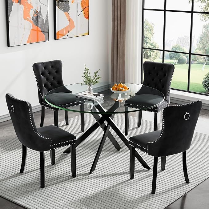 HomVent 5 Piece Round Glass Dining Table Set, Tempered Glass Dinner Table Set for 4 Kitchen Table Set with 4 Velvet Upholstered Chairs for Kitchen Dining Room